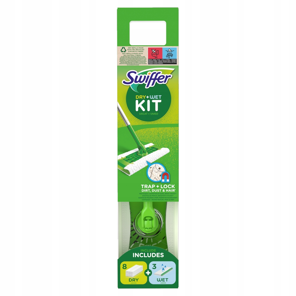 Levně Swiffer Startovací sada: 1 mop, 8 suchých utěrek a 3 mokré ubrousky