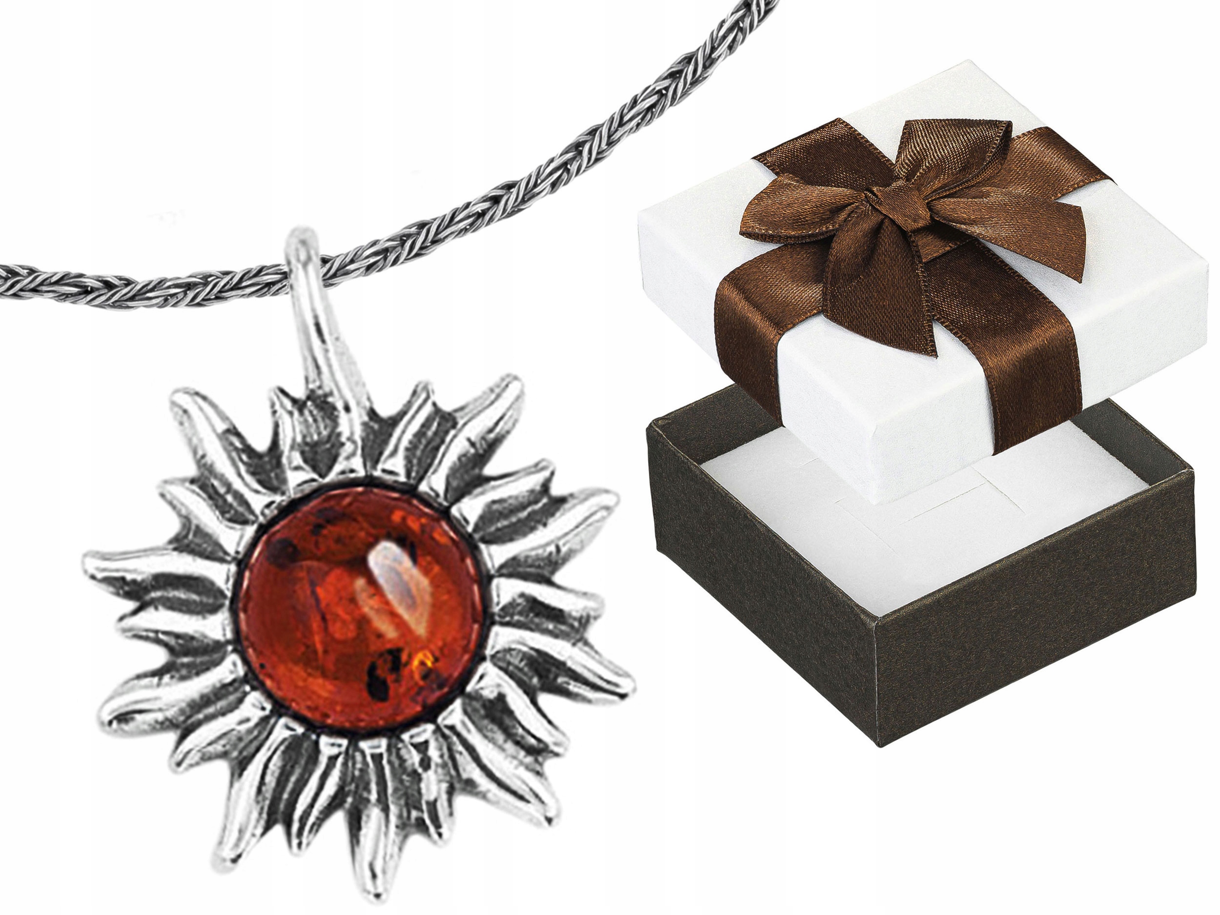 Dlouhý Stříbrný Oxidovaný Náhrdelník Amulet Slunce s Jantarem Stříbro 50 cm