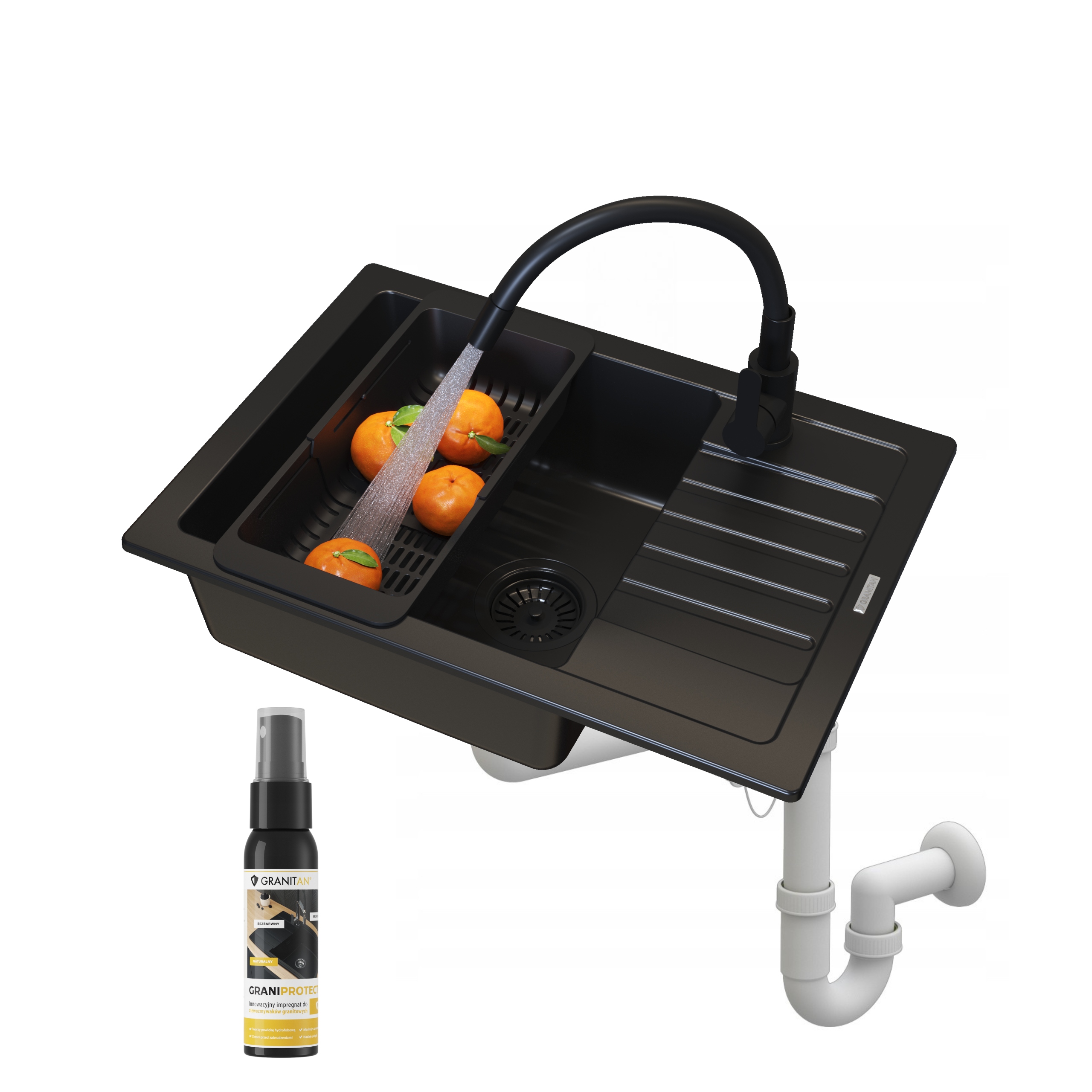 Granitový drez Argos čierny jednokomorový Sada batérií Sifónový košík 5v1