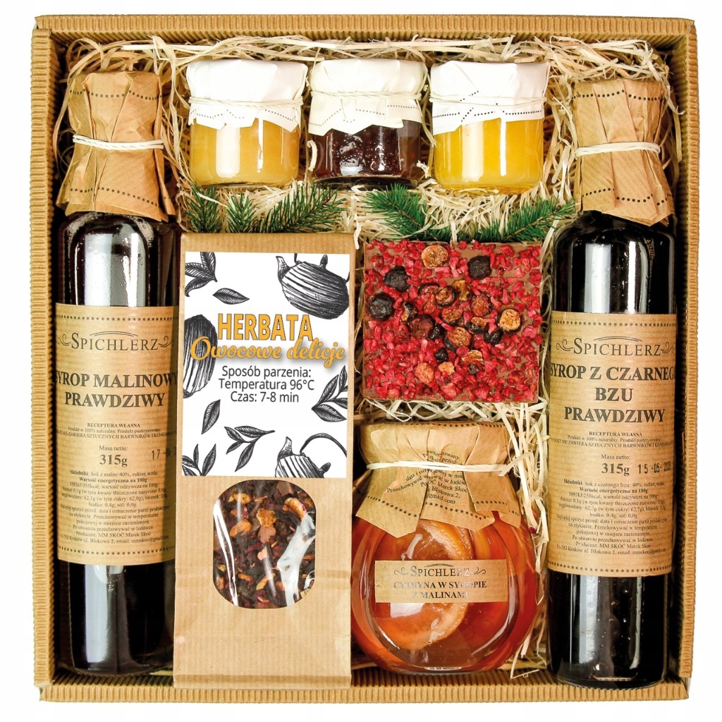 Zestaw Kosz Prezentowy Box Upominek Herbata Syrop Miód Naturalny