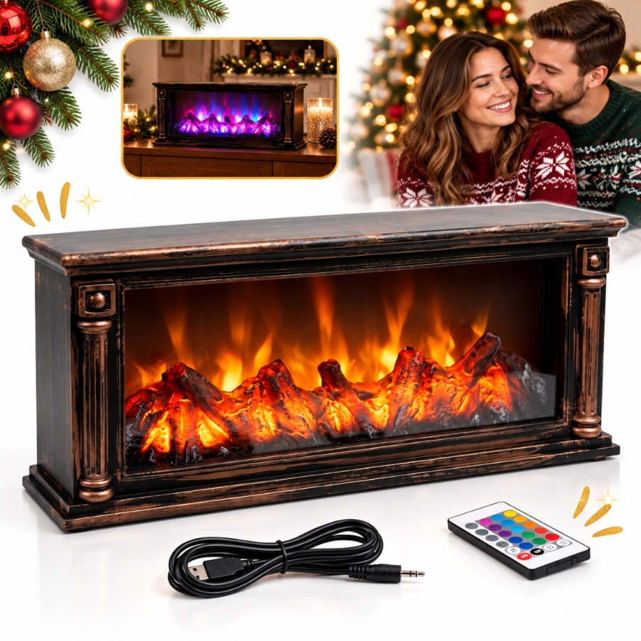 Elektrický krb Led Rgb 58 cm, efekt plamene, dálkové ovládání Usb baterie, barva hnědá