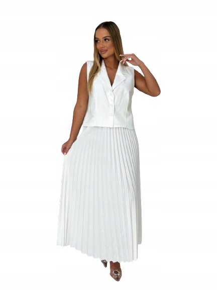 Elegantní dámský komplet: plisovaná maxi sukně bílá vesta