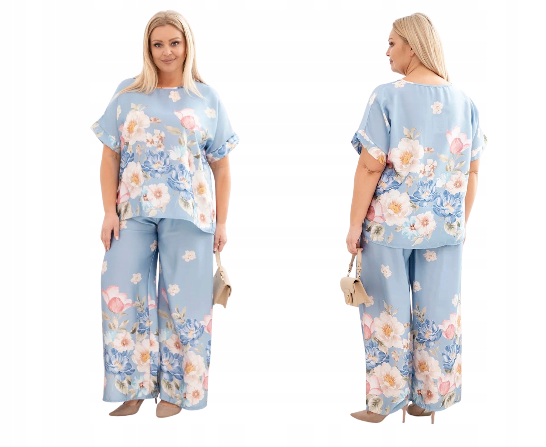 Modrý dámský komplet plus size, halenka s krátkým rukávem a kalhoty