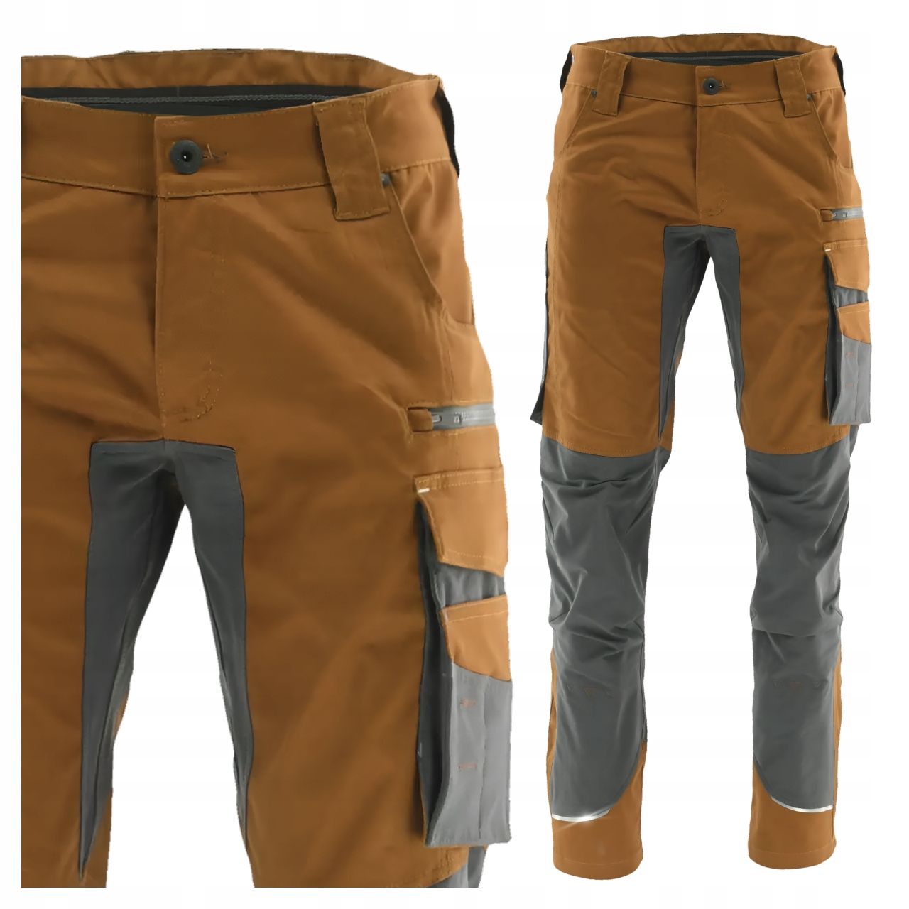 Spodnie Robocze Męskie 52 Brązowe Wzmocnione Stretch Do Pasa Z Kieszeniami