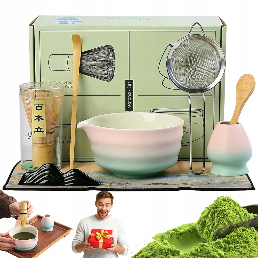 Levně Bambusový Čajový Set Matchy 8 Ks Keramický Dárek Růžový Gradient