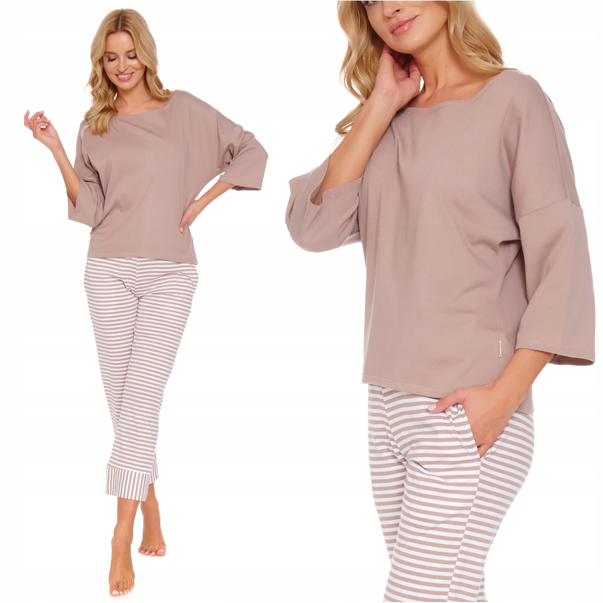Piżama damska bawełniana rękaw 3 4 Doctor Nap 5119 beżowa w paski S