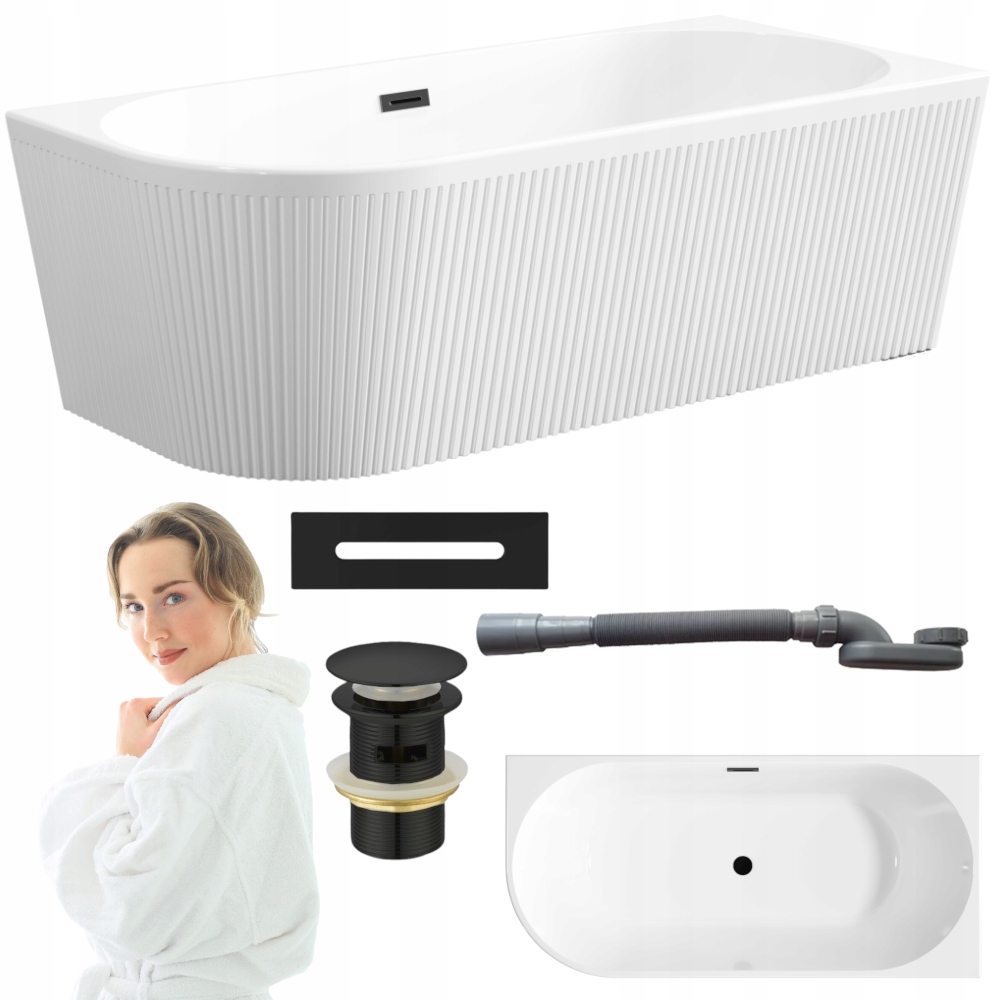 Volně stojící rýhovaná nástěnná vana Glamour 170 cm, černý sifon