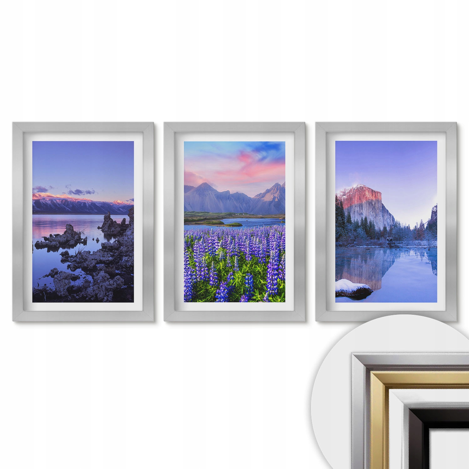 Sada 3 obrazů Triptych Stříbrný Rámeček 20x30 Krajina hor s nebeskou vodou