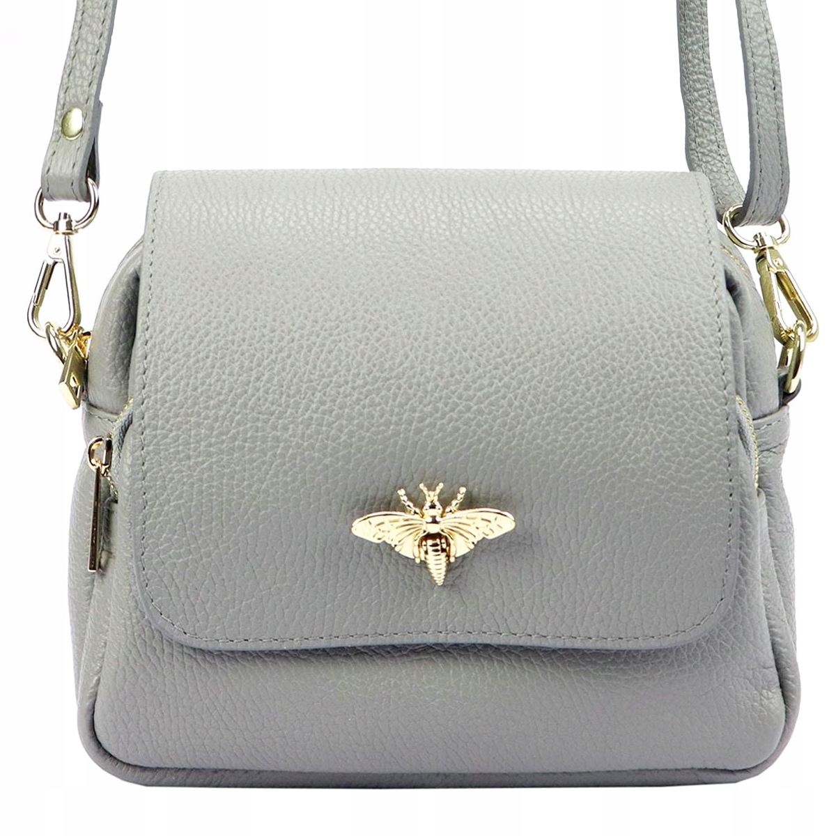 Torebka damska listonoszka z klapką z pszczołą skóra naturalna jasny szary