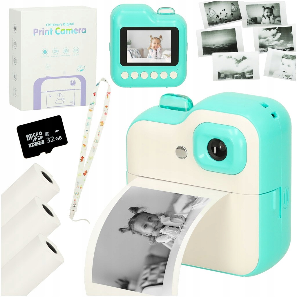 Instantní fotoaparát Zelená 24 mp Termální tiskárna 32 Gb karta