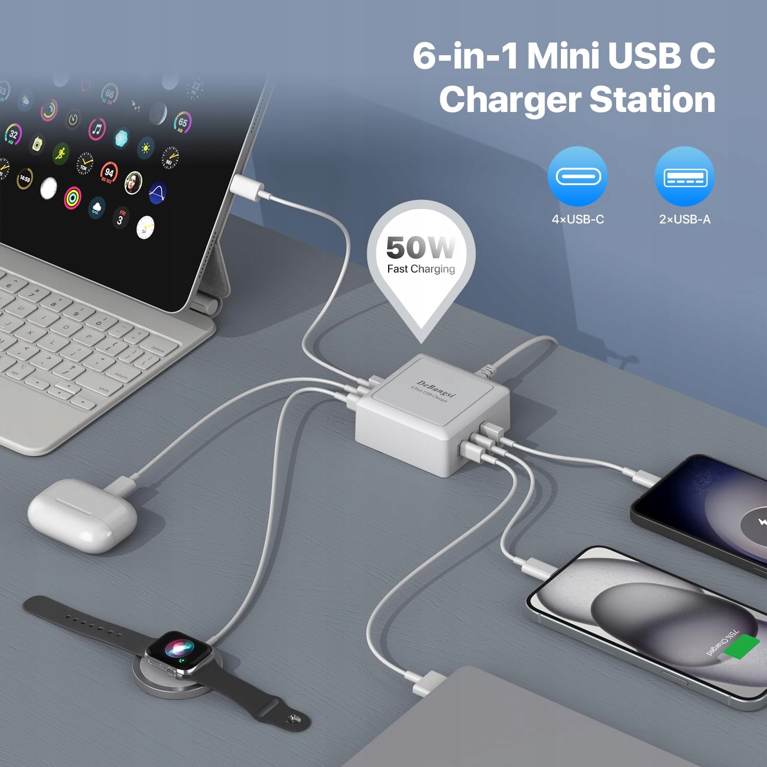 HONGYEE Ładowarka USB C 50W 6-Port Szybkie Ładowanie iPhone Android — miniatura 3