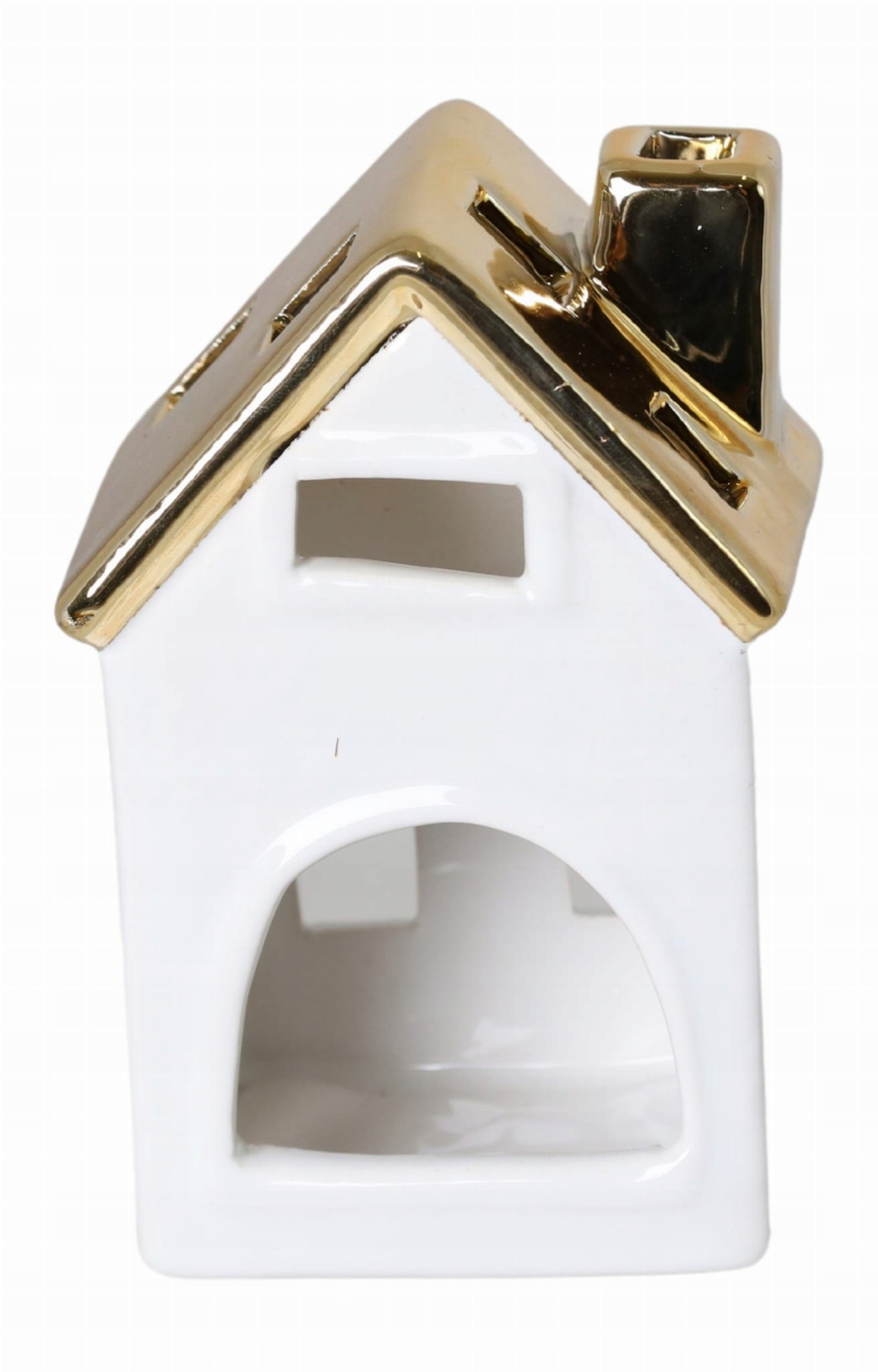 Ceramiczny domek na podgrzewacz biały ze złotym dachem 10x7x15cm Kolor biały odcienie żółtego i złota