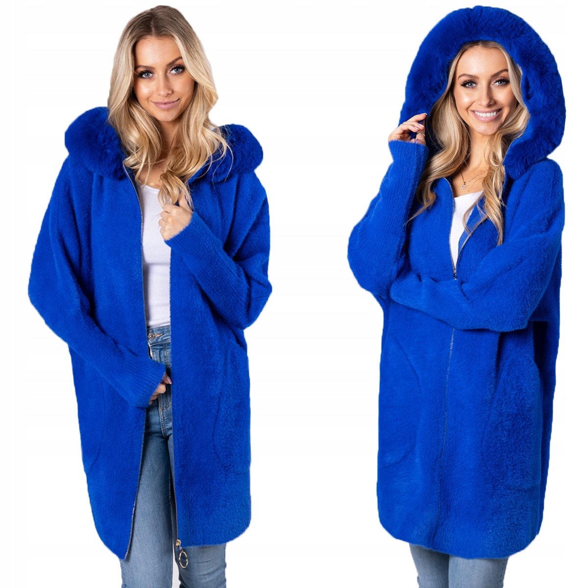 Nadýchaná Alpaka Kabát Kapuce s kožešinou Měkký Teplý Dámský Chabrový