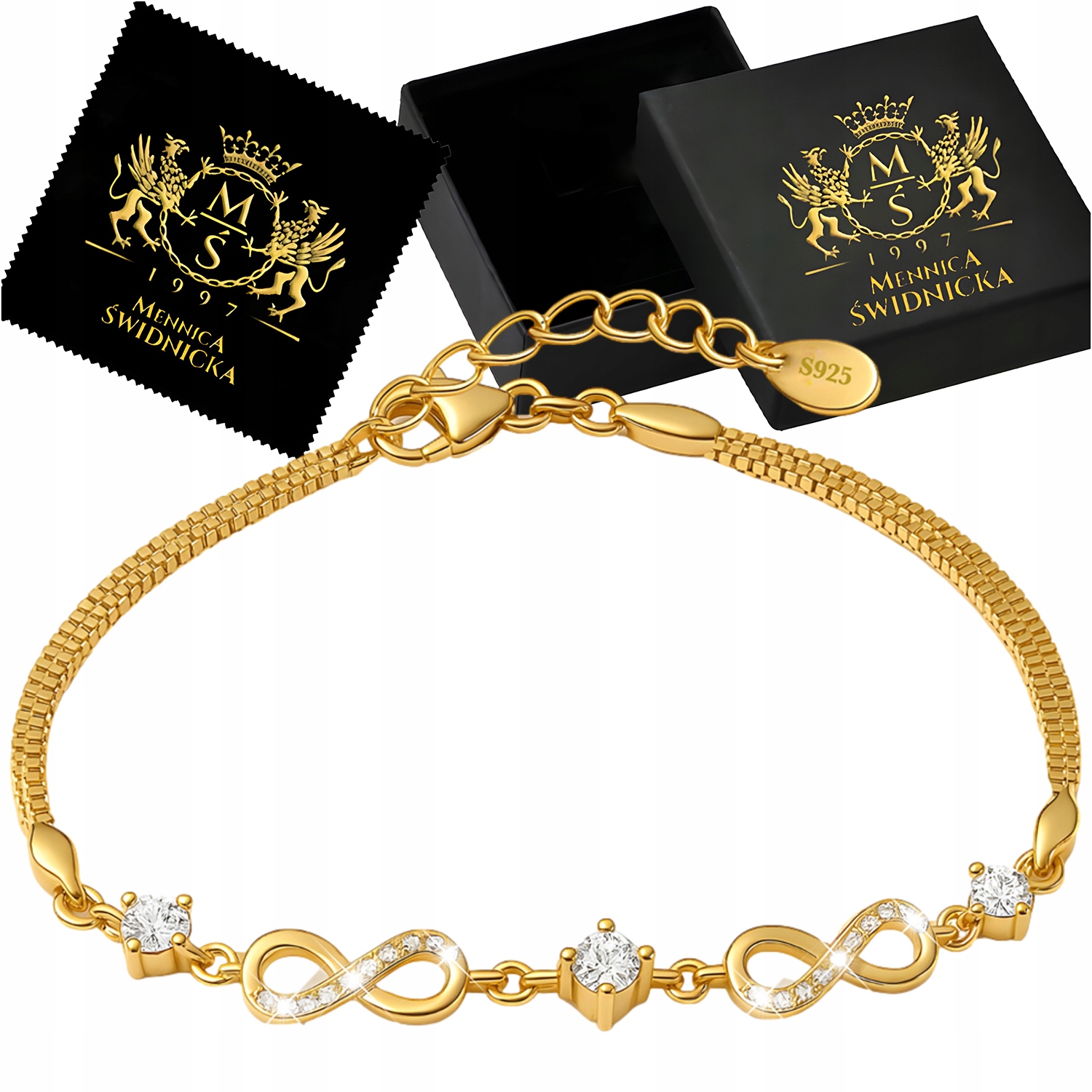 Zlatý náramek Stříbro 925 Dámský Pozlacený Nekonečno Zirkony