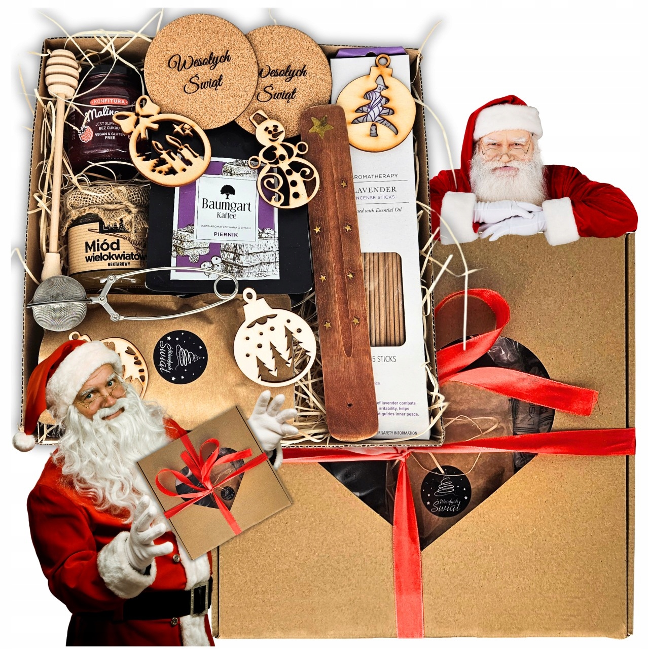 Gotowy Zestaw Kosz Prezentowy Kawa Herbata Miód Konfitura Kadzidła