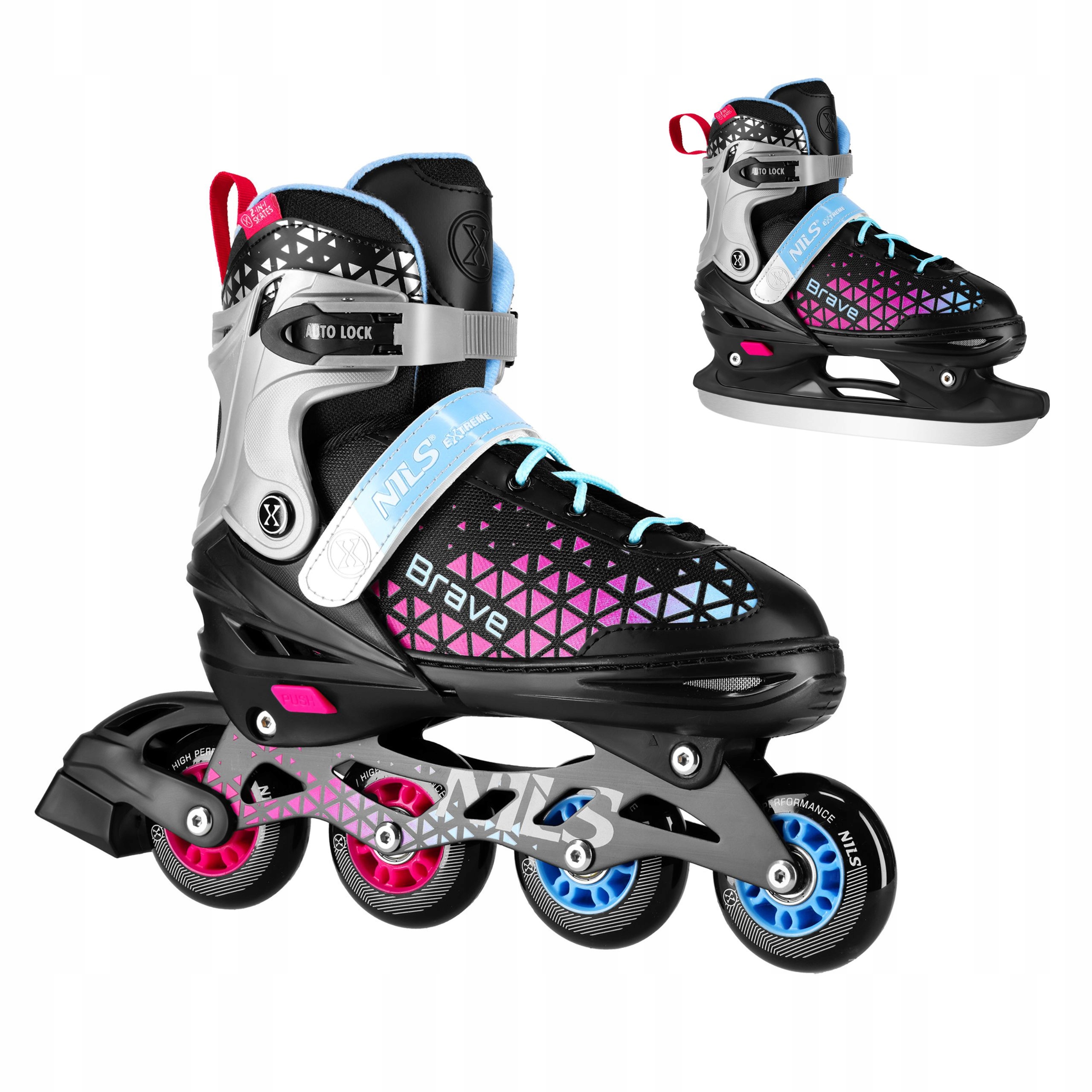 Kolečkové Brusle 2v1 nastavitelné 29-33 růžové hokejové brusle sada ABEC7 Nils Extreme