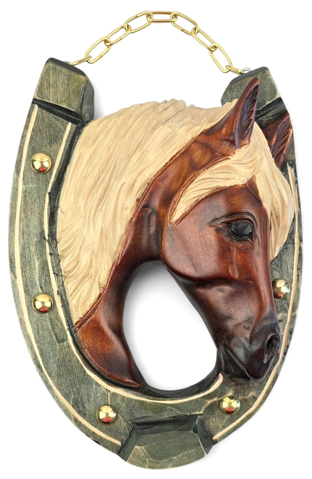 Socha na stenu Podkova na šťastie Drevená vyrezávaná hlava koňa 22 cm