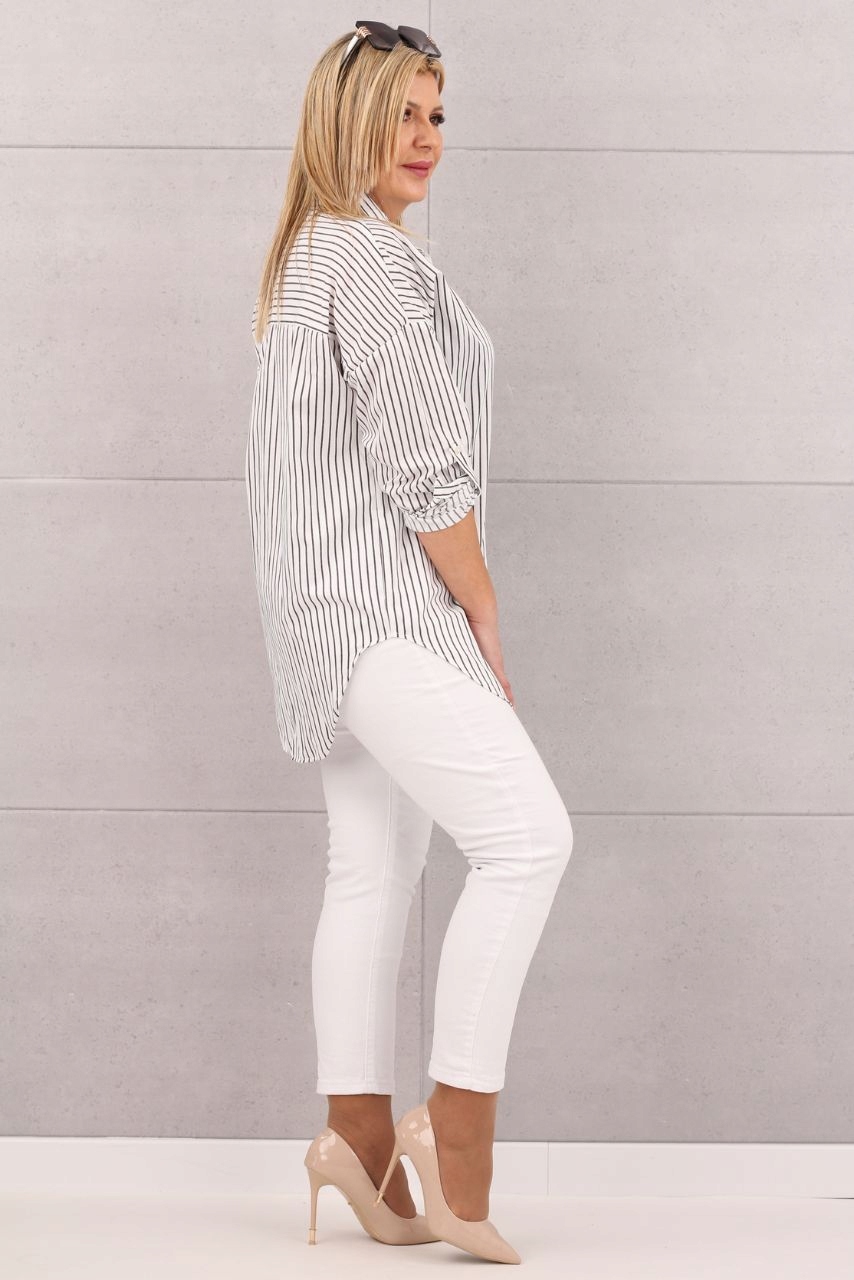 BAWEŁNIANA KOSZULA DAMSKA OVERSIZE WZÓR W PASKI LUŹNA DUŻE ROZMIARY Rozmiar 50