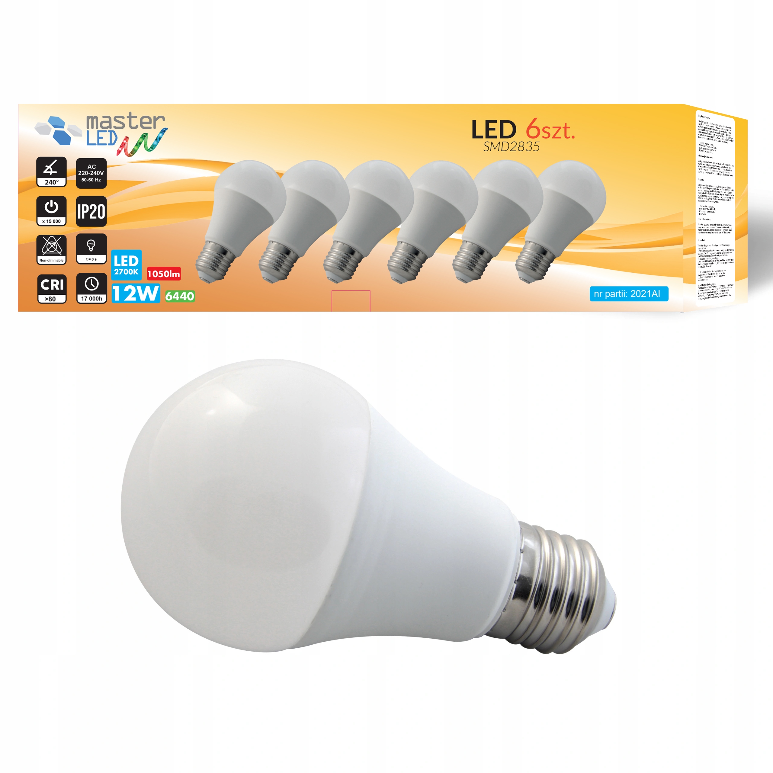 

Zestaw 6x Żarówka Led E27 1050lm 12W kula A60 230V