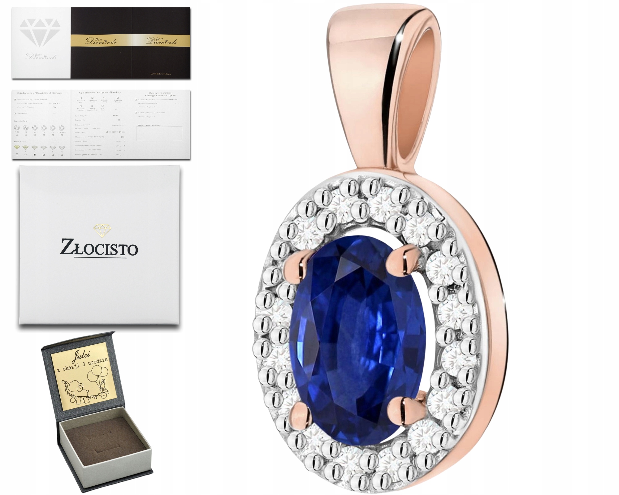 Zlatý Elegantní Přívěsek Se Safírem A Diamanty 585