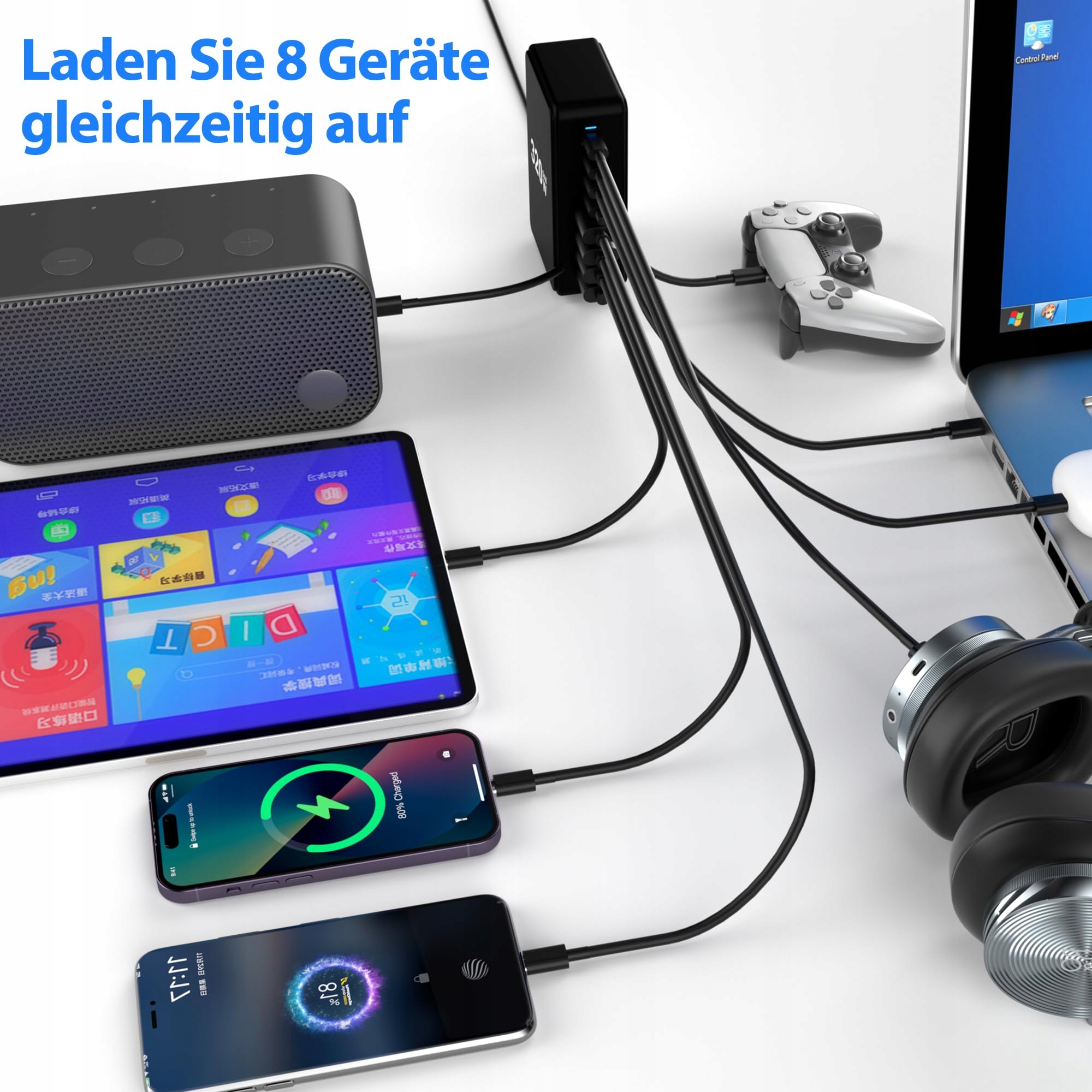 USB C BOTEWO 320W 8-Port Ładowarka USB-C USB-A Do Laptop iPhone iPad — miniatura 3