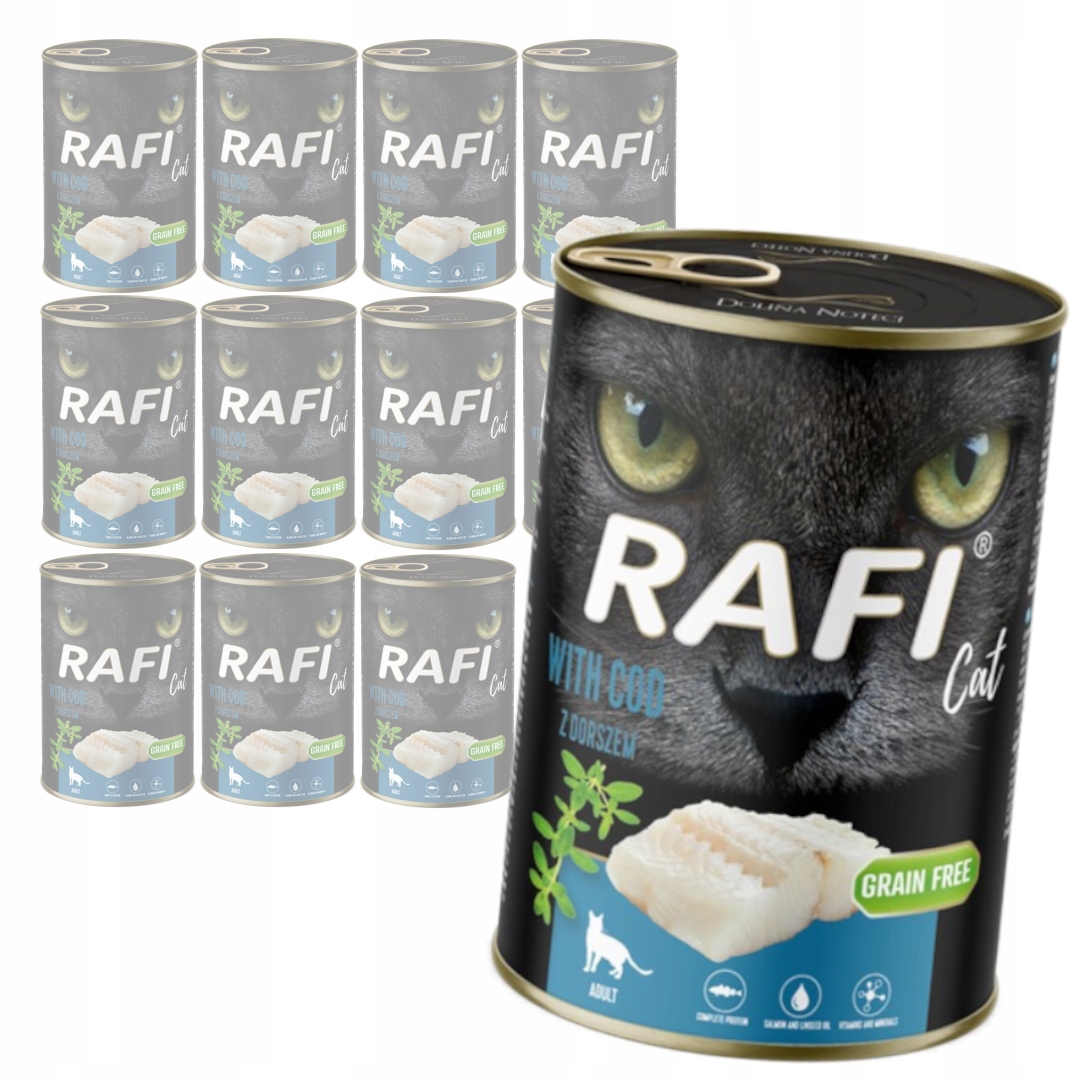 Levně Rafi Cat Adult 12x400g Bezobilné Mokré Krmivo Pro Kočky s treskou
