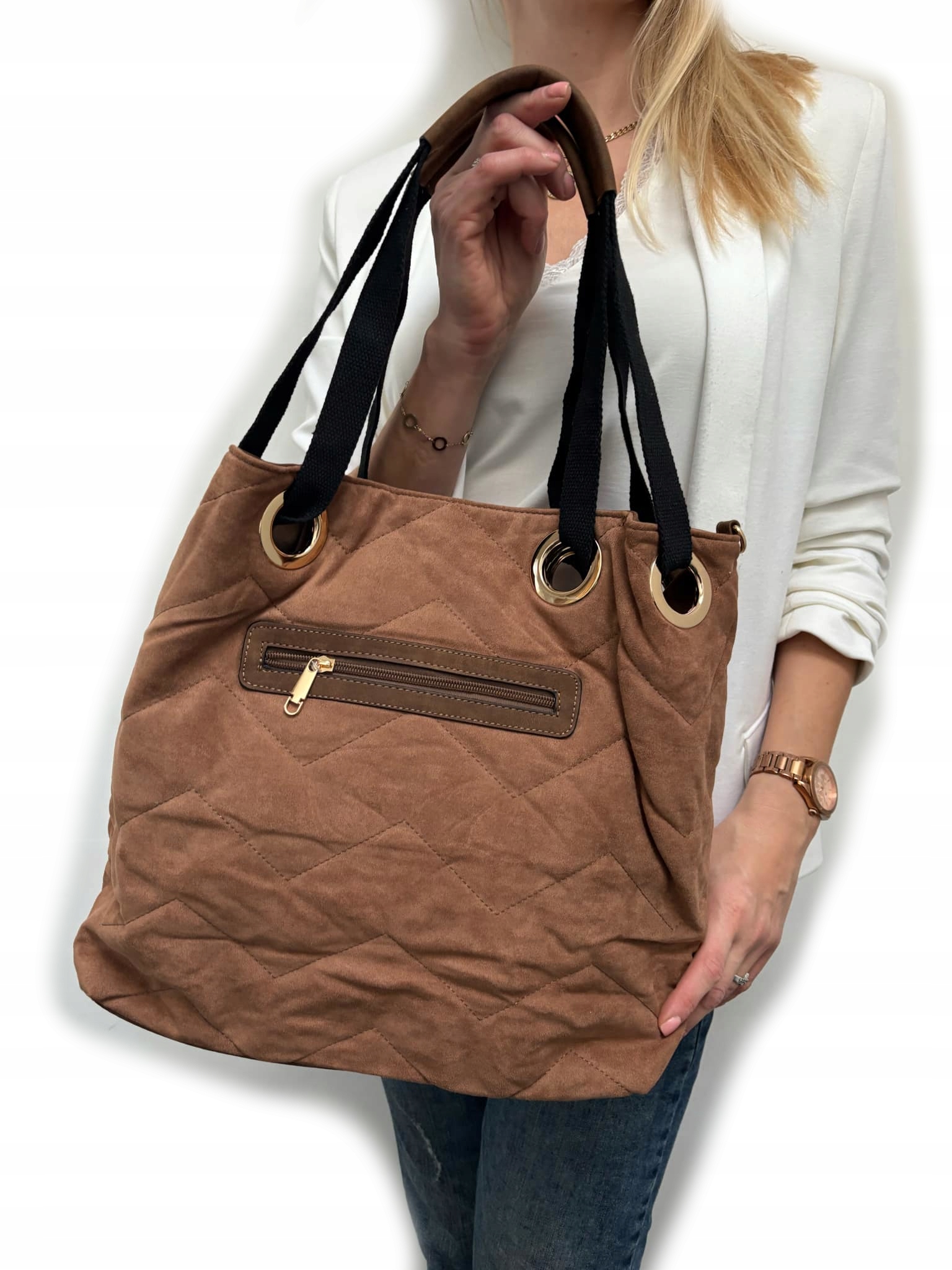 MODNA ZAMSZOWA TOREBKA WOREK SHOPPER A4 CZARNA Długość paska 140 cm