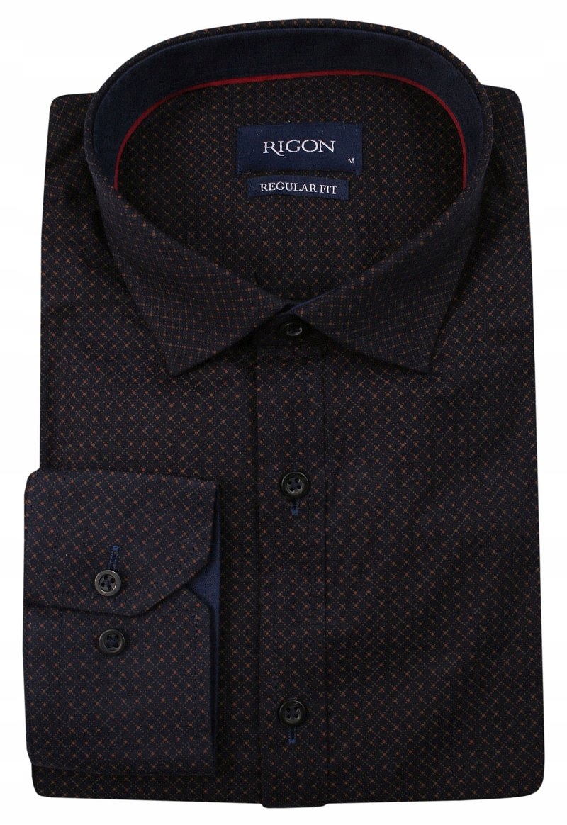Granatowo-Brązowa Koszula Męska -RIGON- 38/176-182 Rękaw długi rękaw