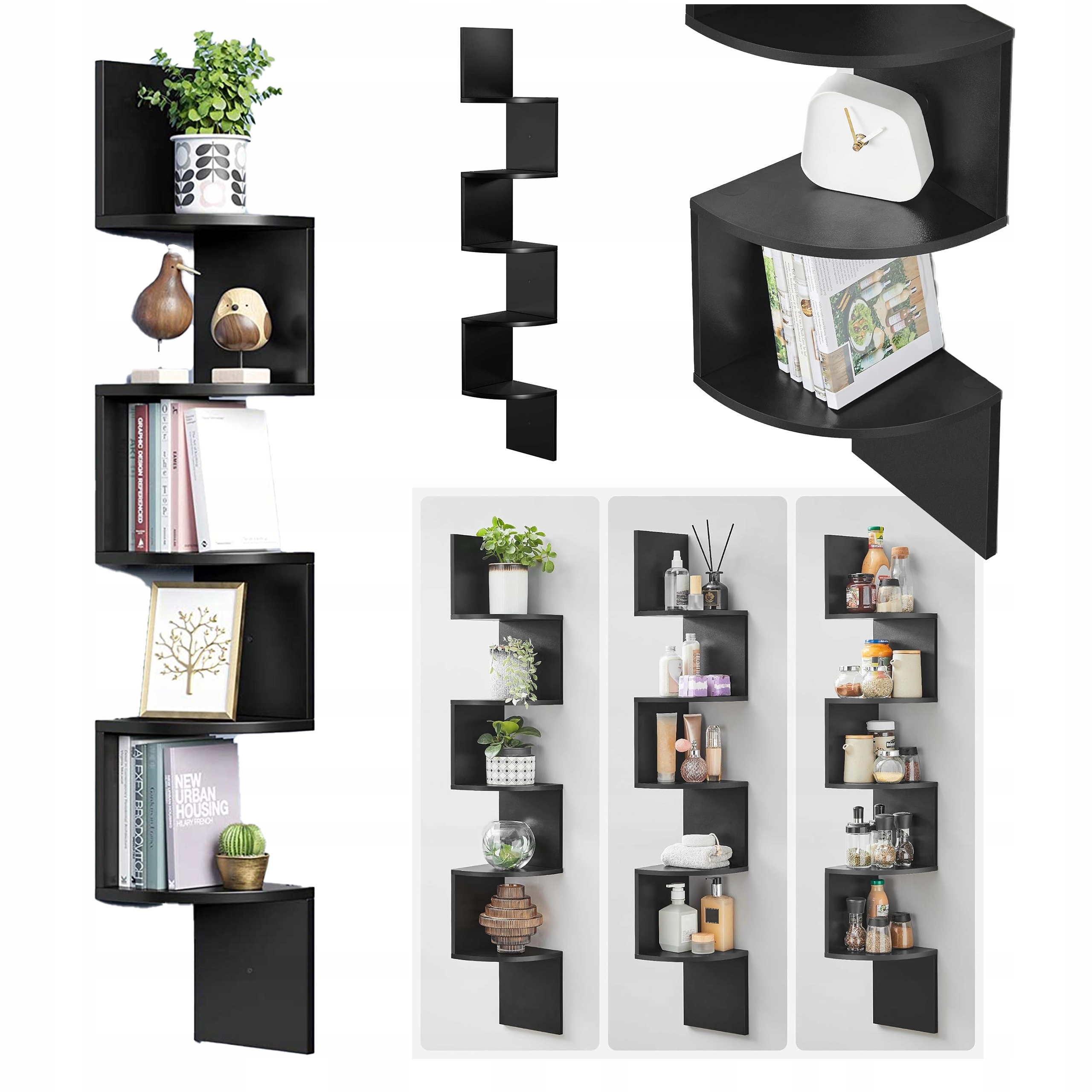 Rohová nástěnná police dřevěná na roh 5 polic do obývacího pokoje kuchyně na knihy