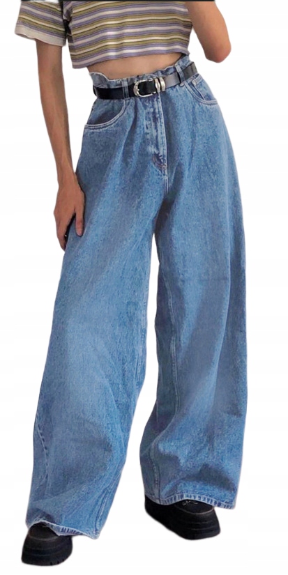 SPODNIE DZWONY DAMSKIE JEANSY LUŹNE WYSOKI STAN