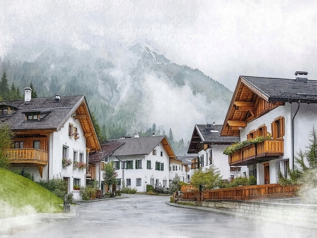 Obraz Na Plátně Canvas Alpy Rakousko Švýcarsko Pohled Na Městečko 100x75