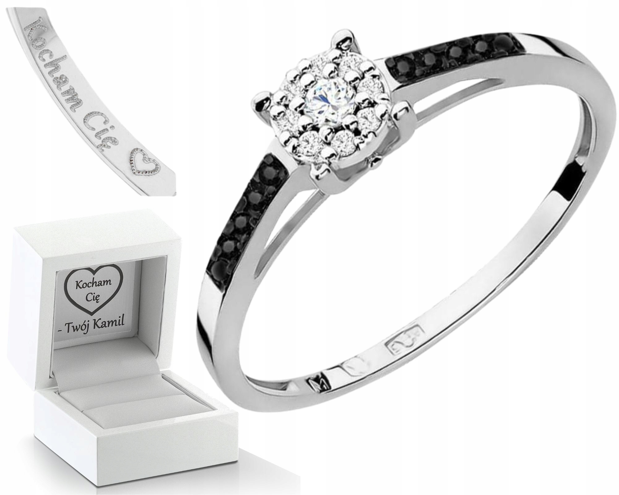 Zlatý Prstýnek Prsten S Černými Diamanty, Bílé Zlato Gravírování 585