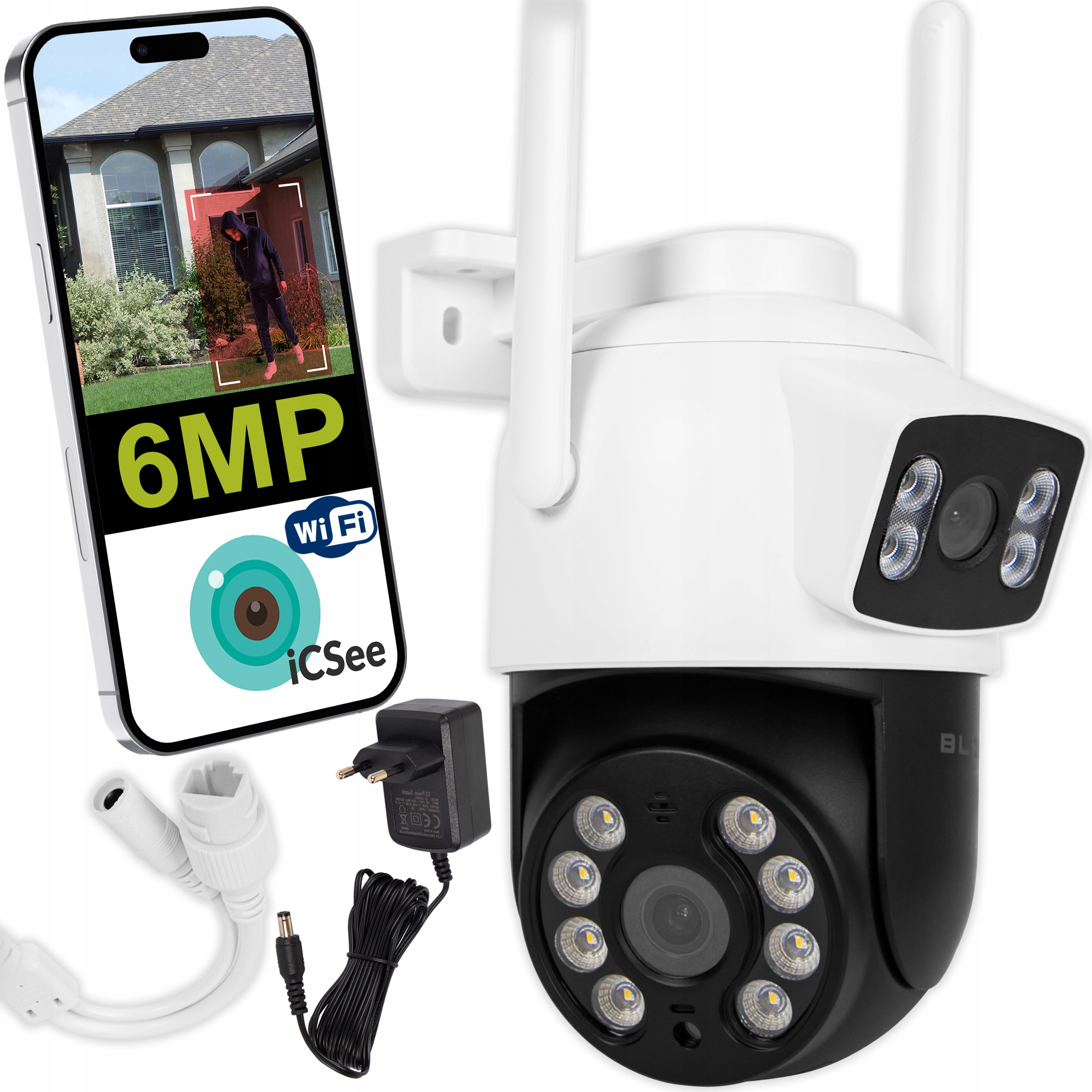 Wifi Kamera 6 M Otočná, Dva Objektivy Hd Smart IP65 Ptz Icsee Ir Dvojitá