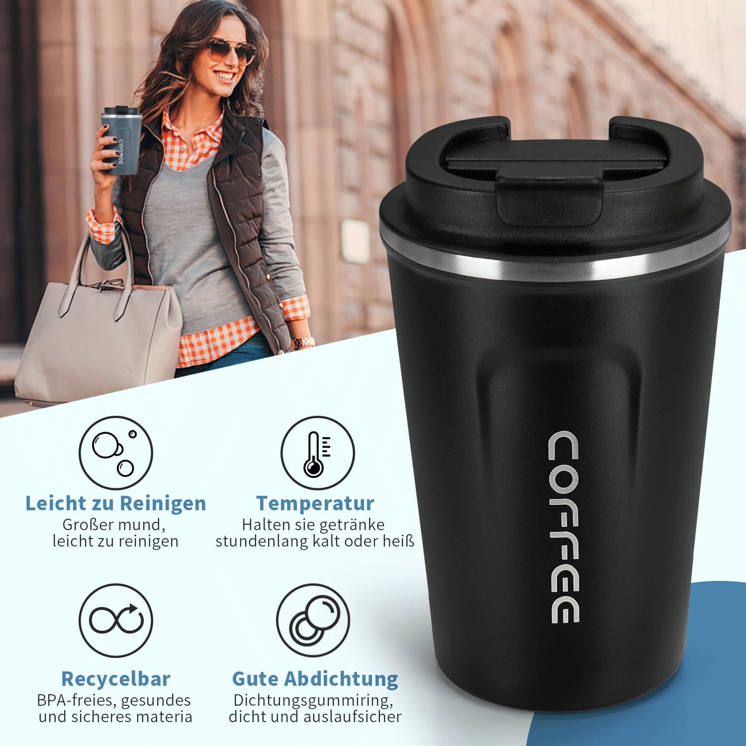 Kubek termiczny, 380 ml, do kawy, kubek podróżny z szczelną pokrywką Pojemność 0.38 l