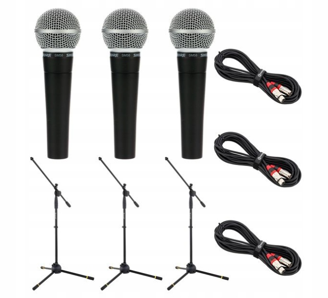 Zestaw 3 Mikrofony Shure SM58 Dynamiczne Wokalne+ Statywy i Kable Xlr 10 m