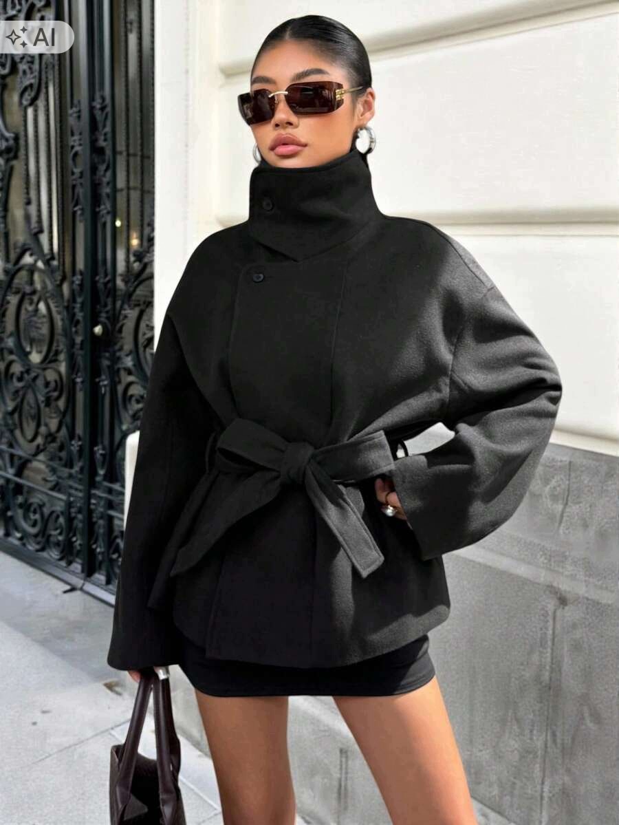 Shein Černý Oversize Vlněný Kabát Se Zavazováním A Klopami