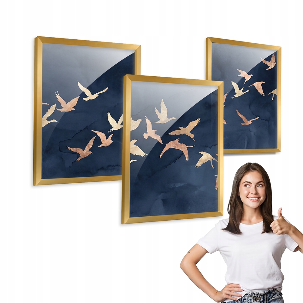 Sada 3 obrazů Ptáci V Letu Vzor Tmavě Modrý zlatý rámeček 40x50, do obývacího pokoje
