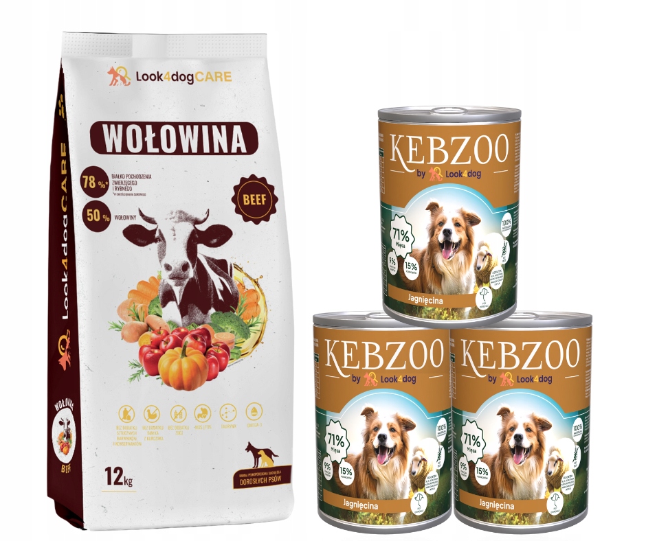 Levně Krmivo pro psy Look4dog Care hovězí Kebzoo jehněčí 3x400g