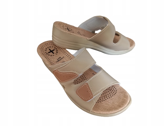 BEŻOWE KLAPKI NA RZEPY -40- DOMOWE NA KOTURNIE Marka Minke