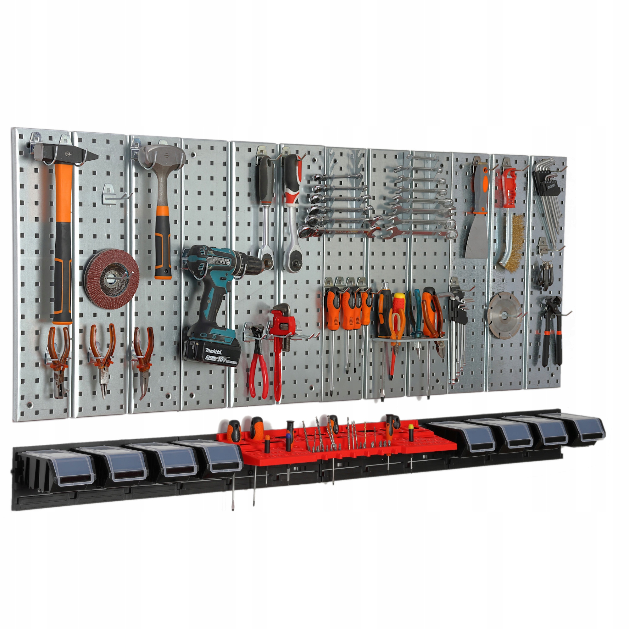 Kovová tabuľa na náradie 1560 x 713 mm stena 8 podnosov dielňa garáž