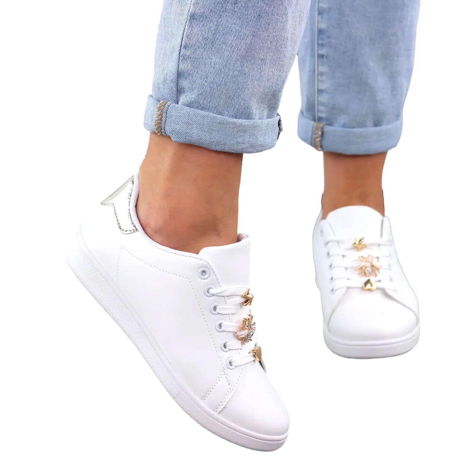 BUTY DAMSKIE ADIDASY SPORTOWE BIAŁE SNEAKERSY ZŁOTE ZDOBIENIE FLY