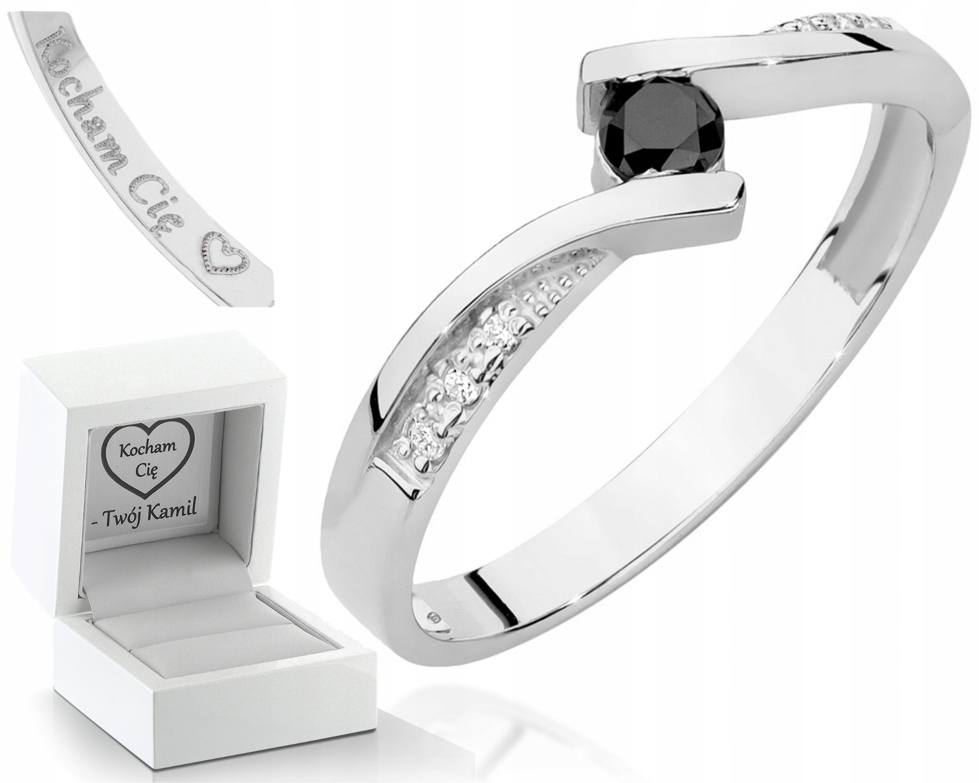 Bílé Zlato Prstýnek Černý Briliant Gravírování 585