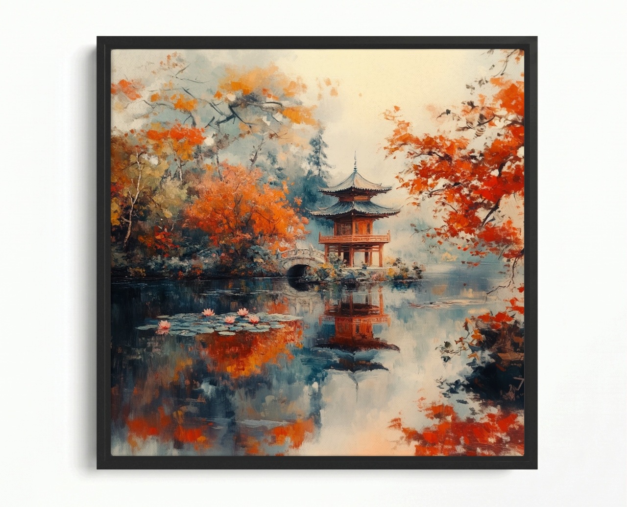 Obraz Rama American Box Pejzaž Japonsko Park Záhrada Jeseň Pagoda Most 60x60