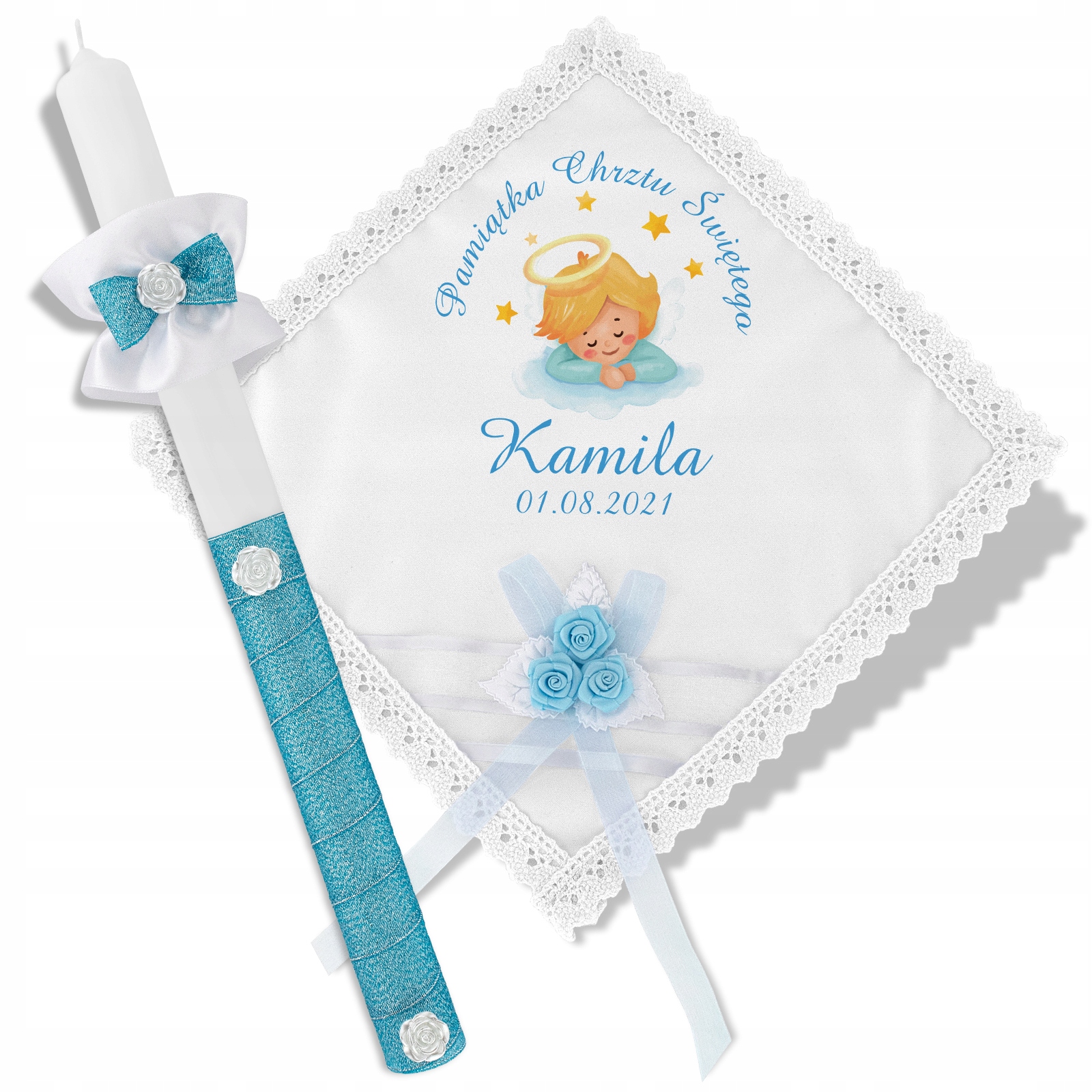 Biała SZATKA i ŚWIECA do Chrztu imię data WZORY