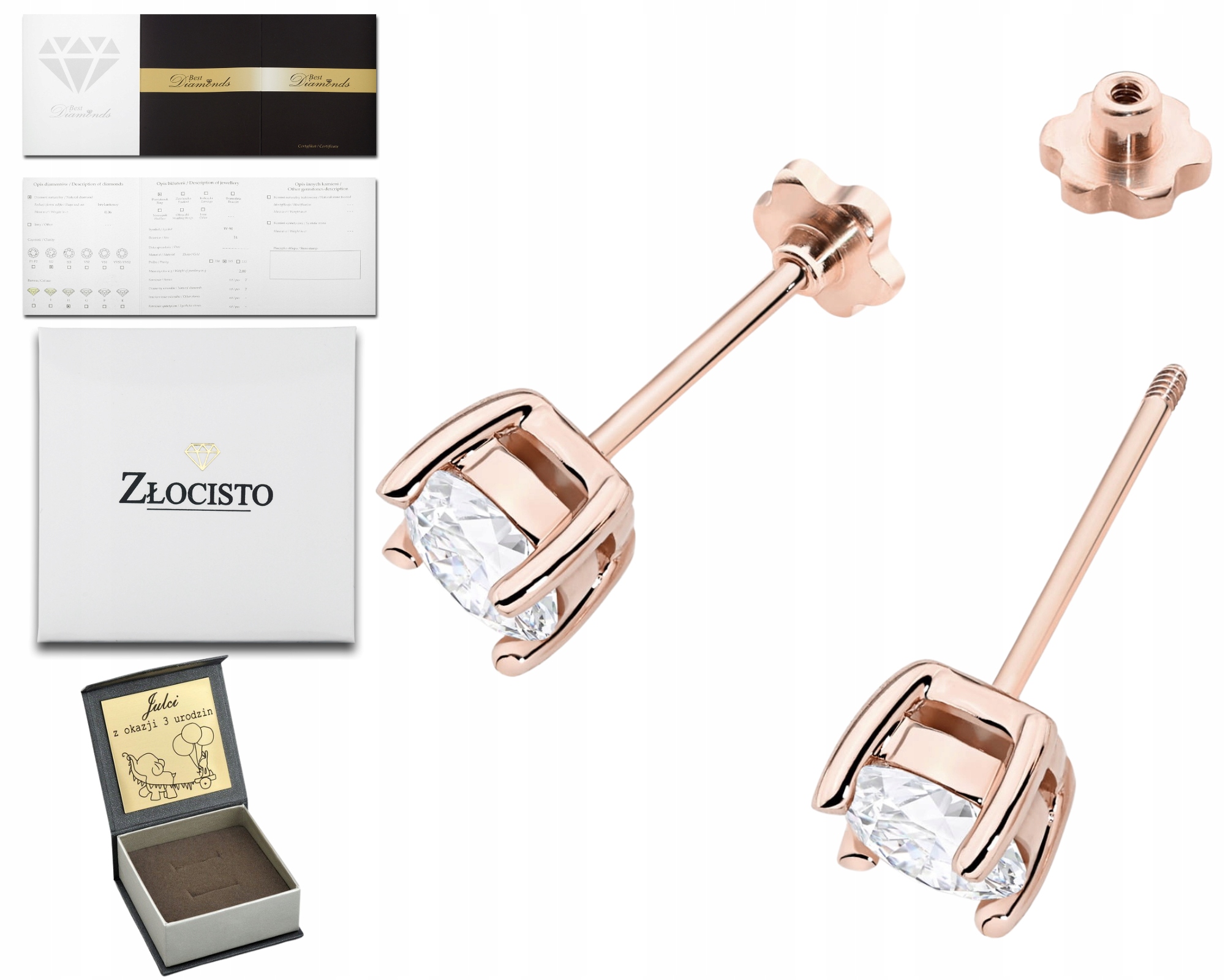 Růžové Zlato Náušnice Diamanty Lab Šroubovací Tyčinka Zlato 585