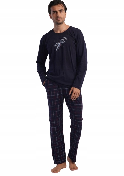 Tmavě Modré Pyžamo Kosmonaut Dlouhý Rukáv Dlouhé Kostkované Kalhoty XXL