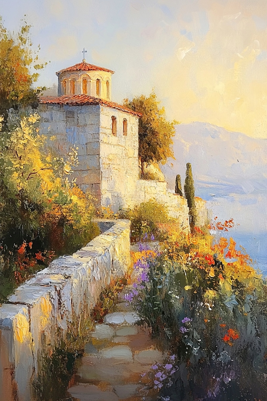 Obraz Na Plátně Canvas Krajina Jižní Moře Kostel Kaple Květiny 80x120