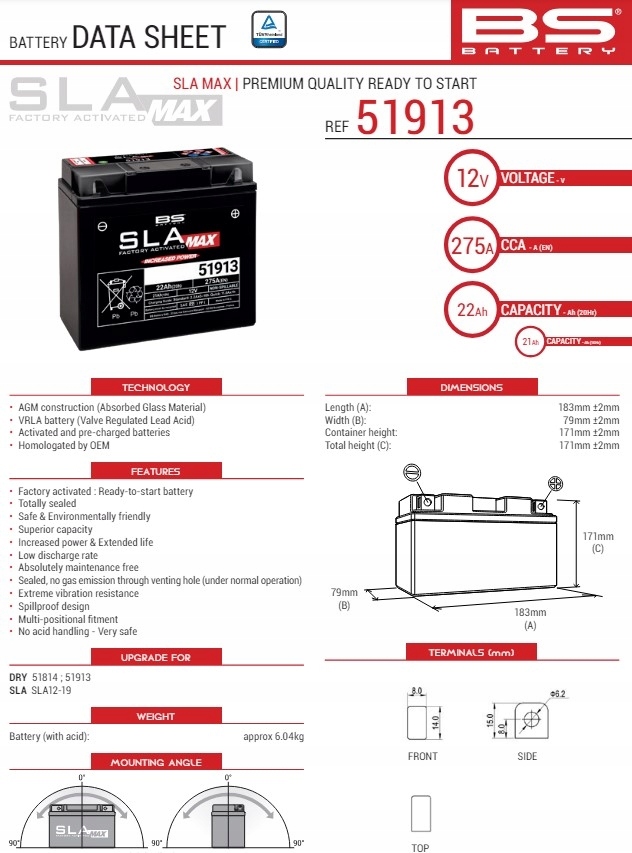 Bs Batéria 51913/51814 Max (fa) (G12-19, SLA12-19, SLA12-22) 12V 21AH 183X