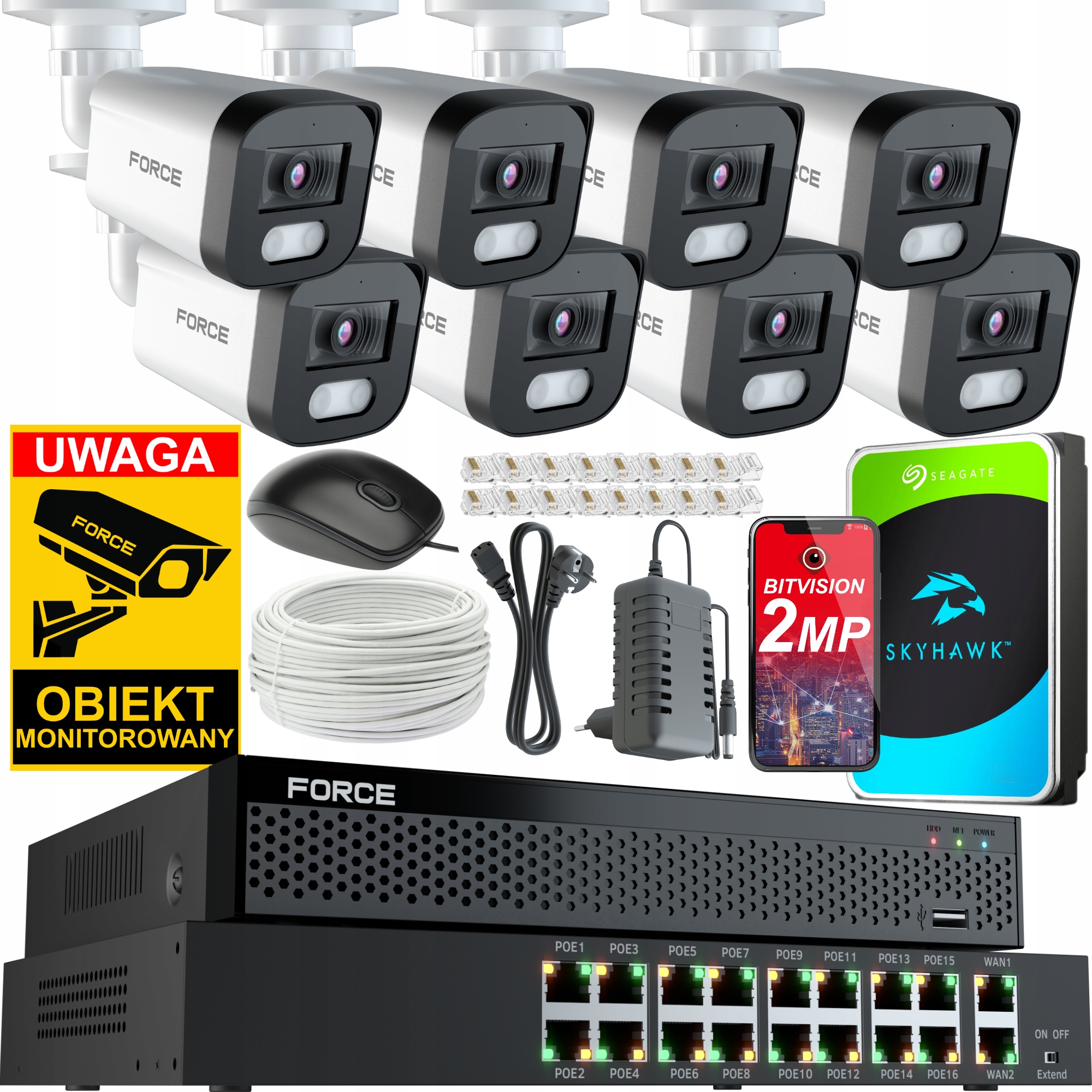 Force Monitorovací sada 8x Ip kamera 2MPx Full Hd, Disk 1TB Switch 16 Poe