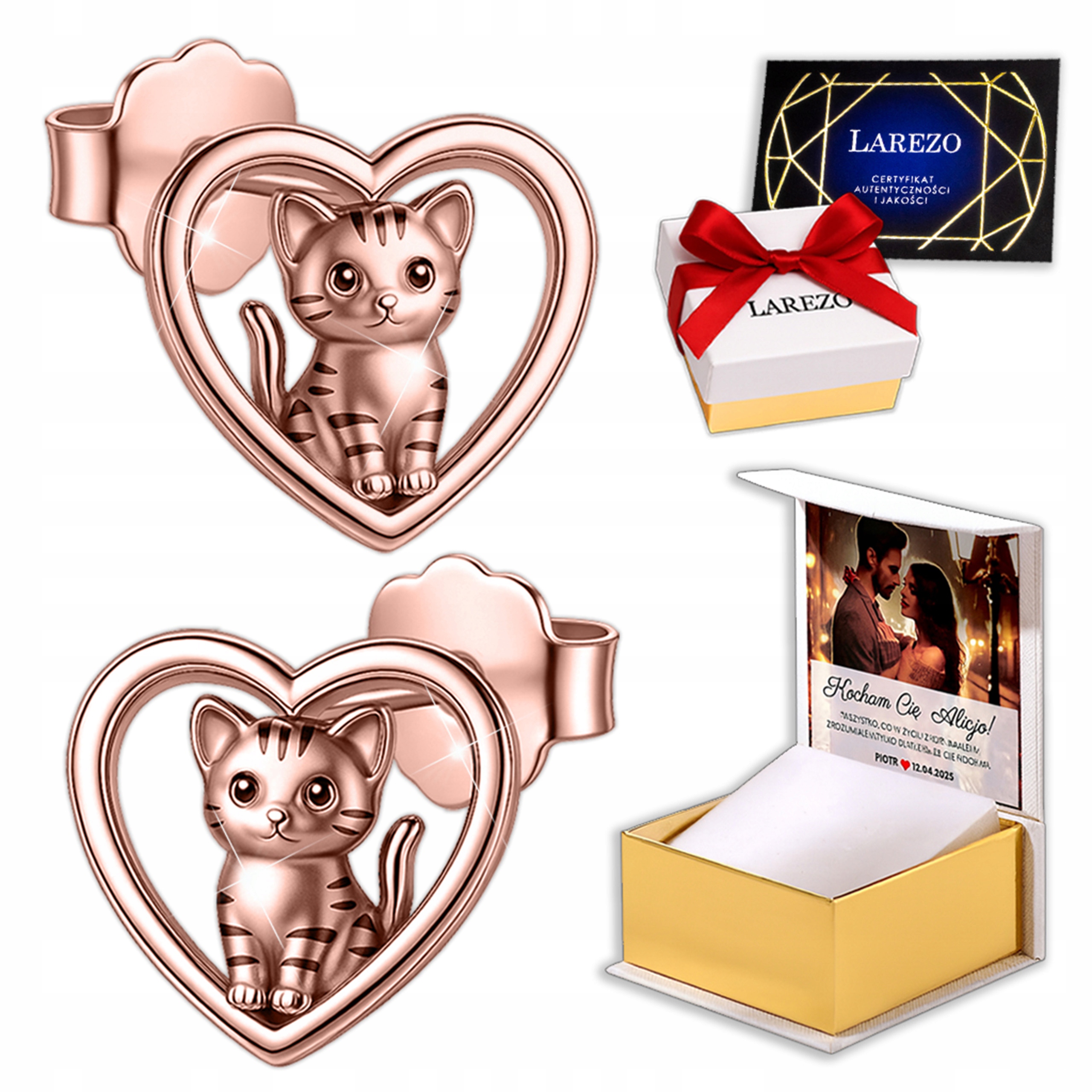 Náušnice Kočky Pozlacené srdce s kočičkami pro holčičky Kočka Potisk